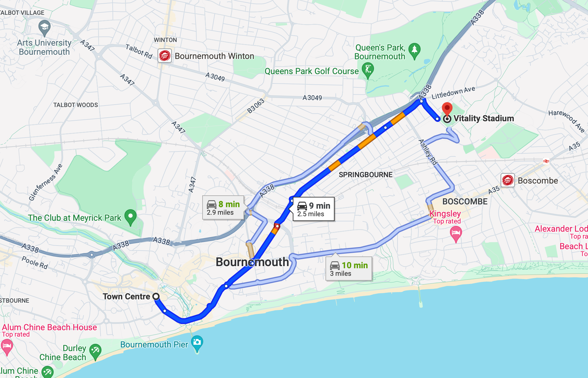 Where is the Vitality Stadium (Dean Court) in relation to the Town Centre?