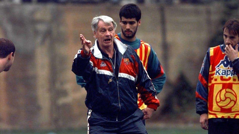 Sir Bobby Robson coaching Pep Guardiola at FC Barcelona